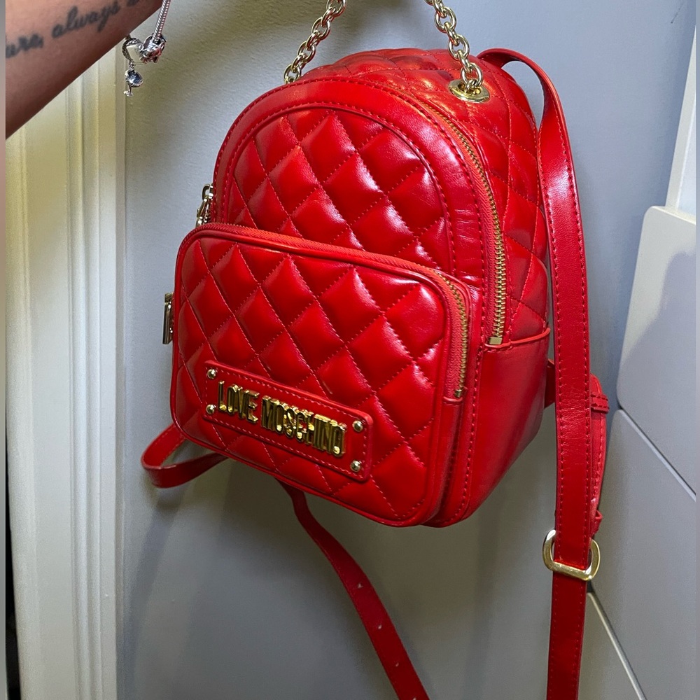 brand new red love moschino book bag